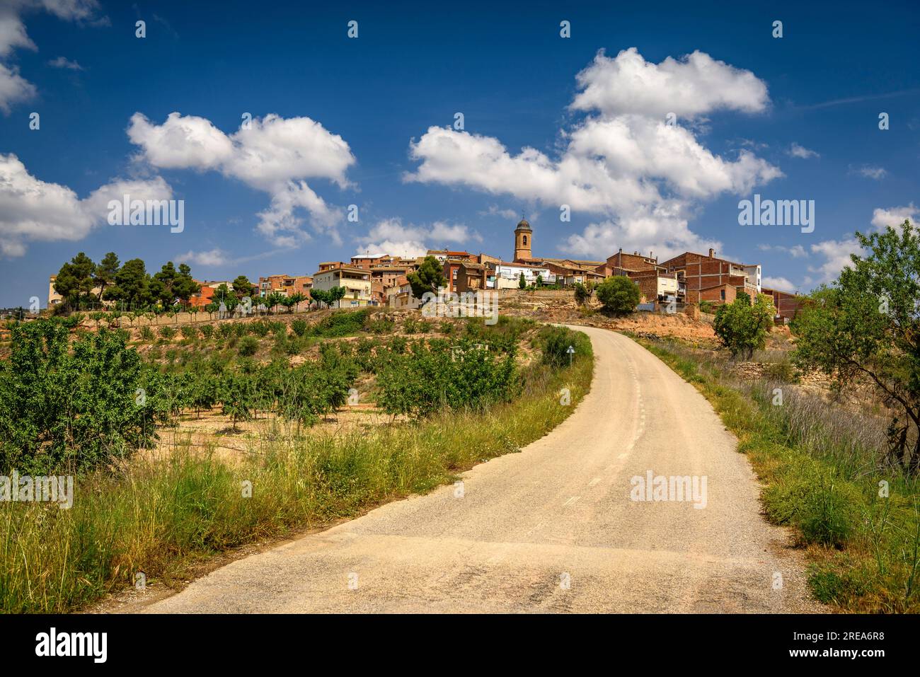Bovera village, on a hill, surrounded by fields and fruit trees (Les Garrigues, Lleida, Catalonia, Spain) ESP: Pueblo de Bovera, en una colina, Lérida Stock Photo