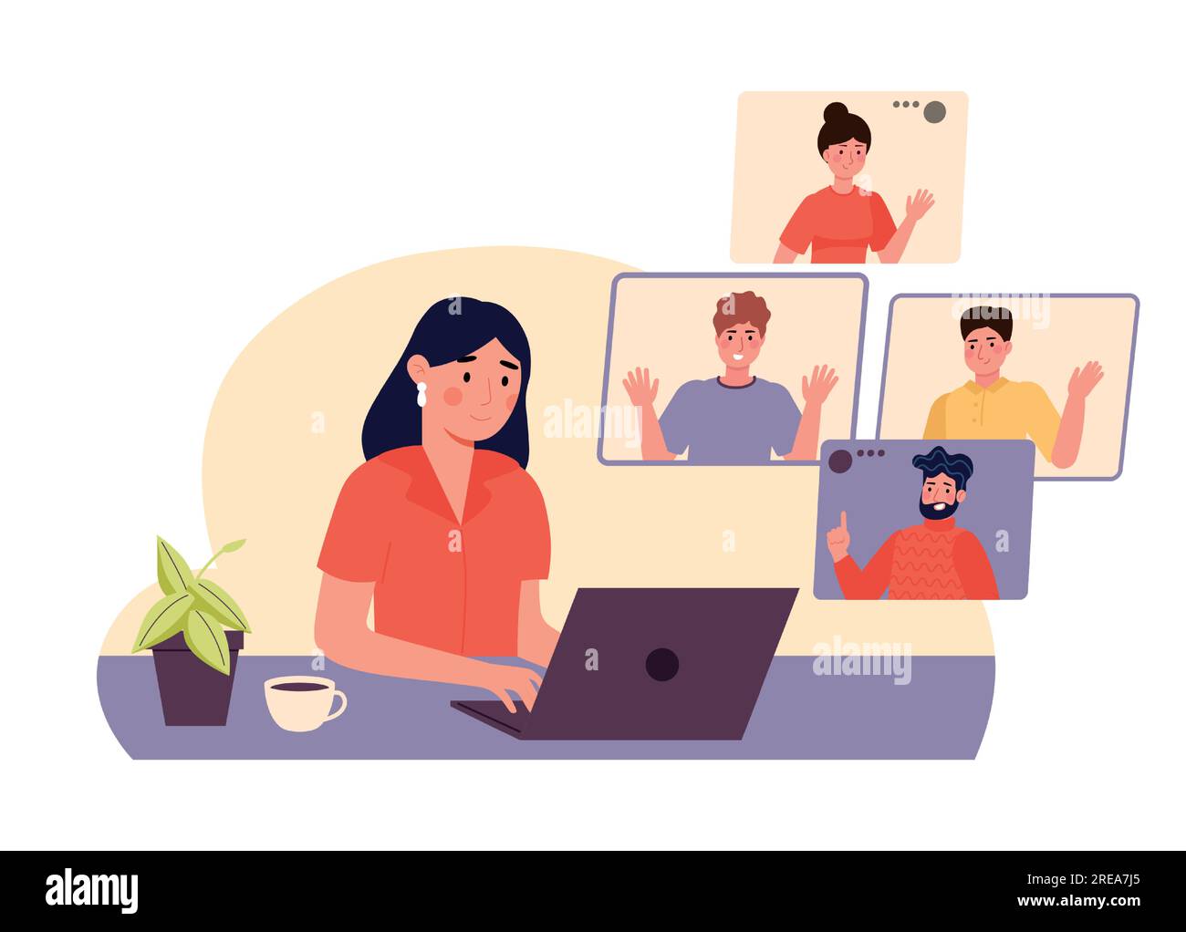 Video conference collaboration. Woman sitting at home with laptop and talking to colleagues online. Coworkers chat Stock Vector