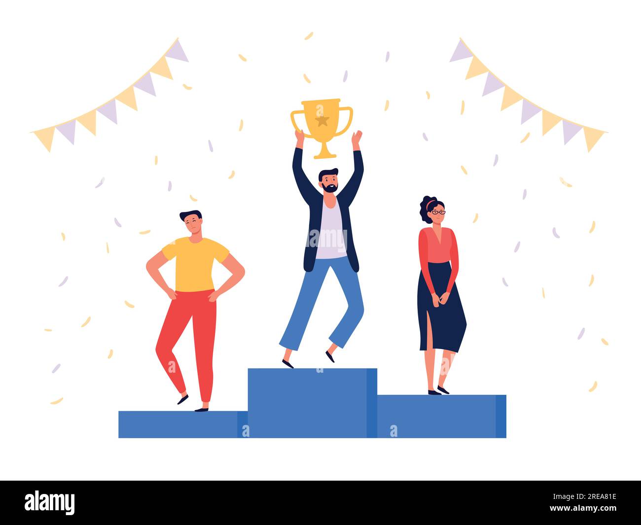 Winners people. Office workers team, successful winner standing on