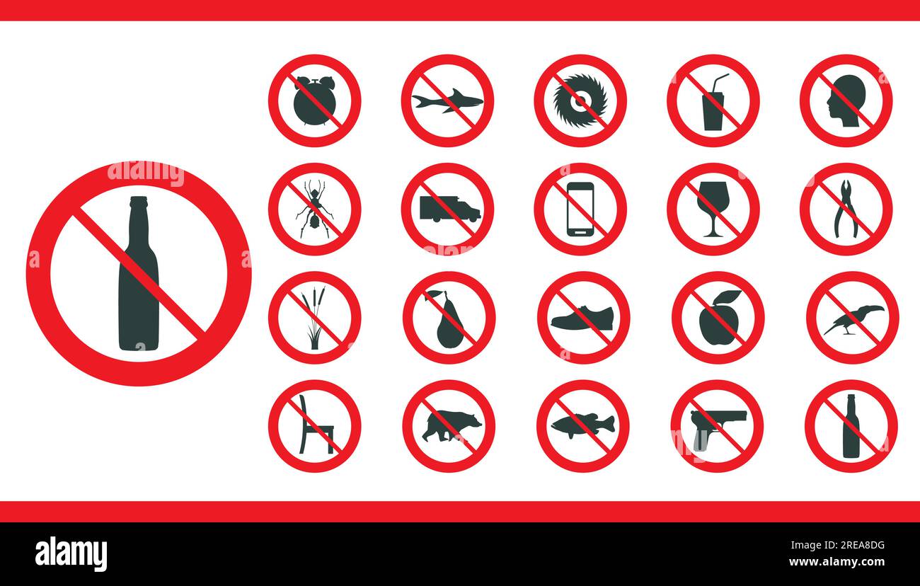 Red prohibition sign object set. Stop icon forbidden and warning ...