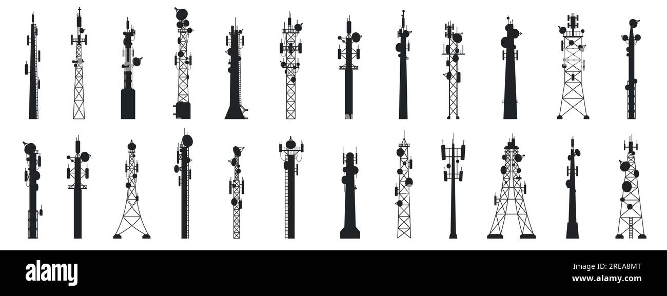 Radio mast silhouettes. Outline broadcast antenna towers, communication technology technology equipment. Vector set Stock Vector