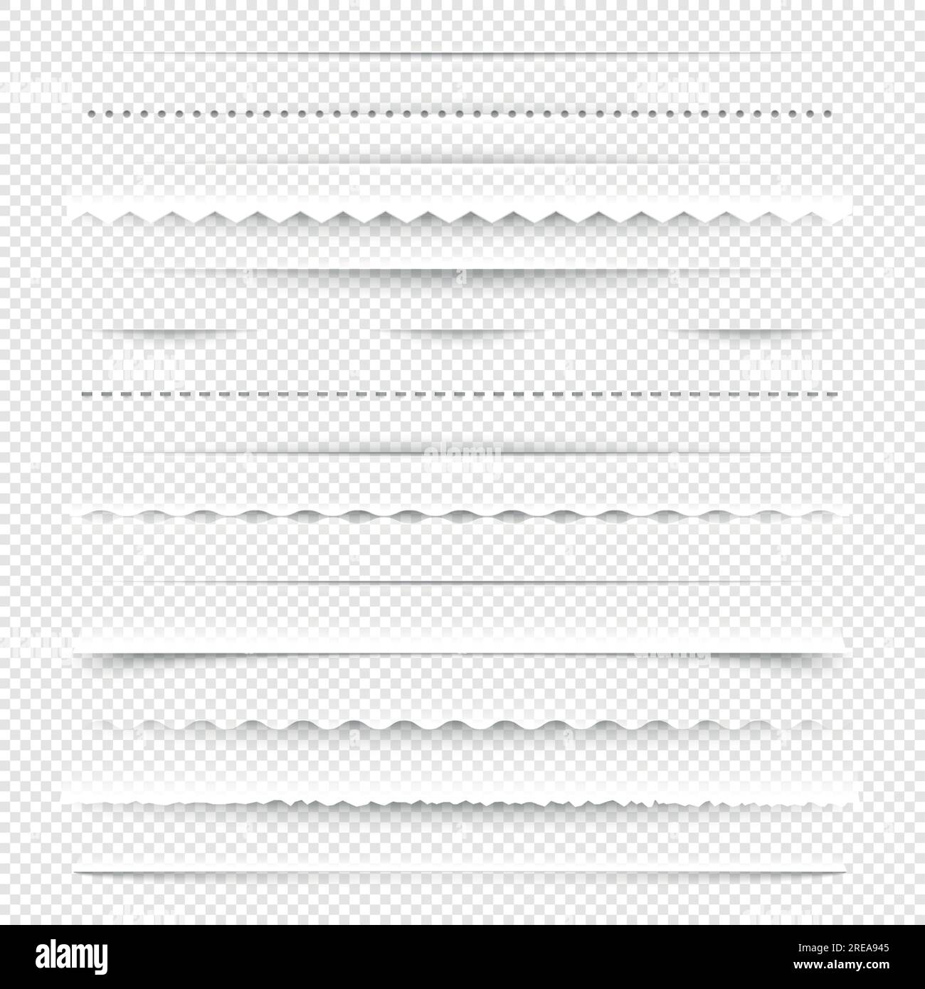 Horizontal dividers. Diagonal borders with holes and gaps for layout design, white stitch line elements. Vector isolated set Stock Vector