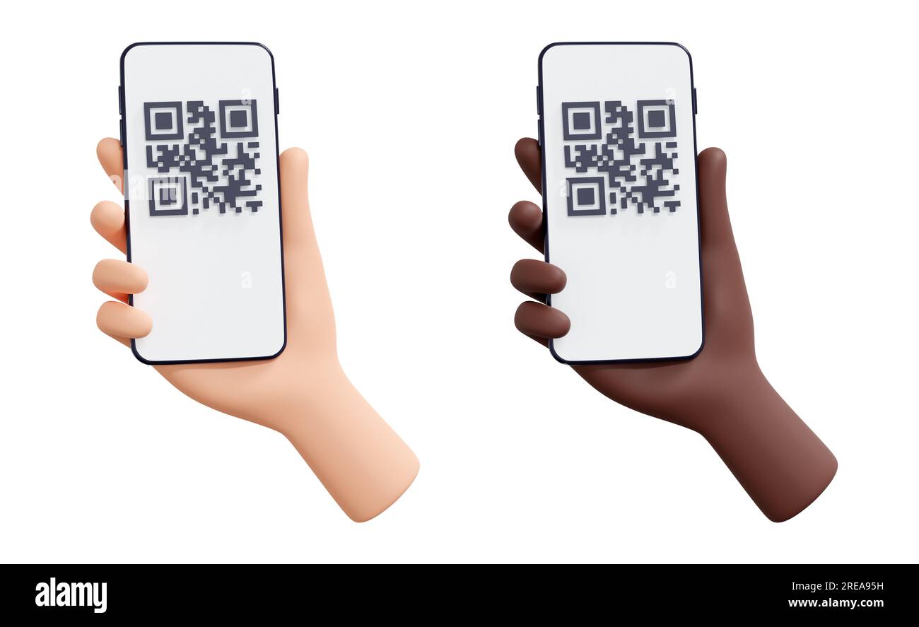 QR code reading 3d render illustration mobile phone in human hand