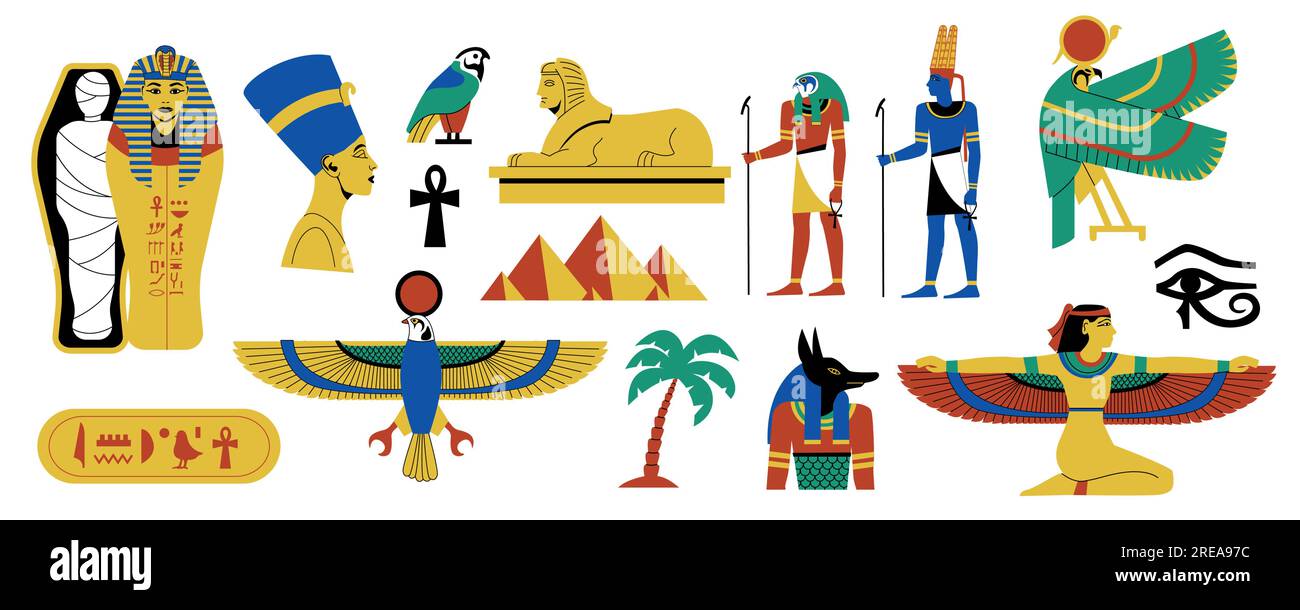 Egyptian symbols set. Ancient egyptian hieroglyphs, papyrus and paper decorative elements, ancient mythology and culture. Vector collection Stock Vector