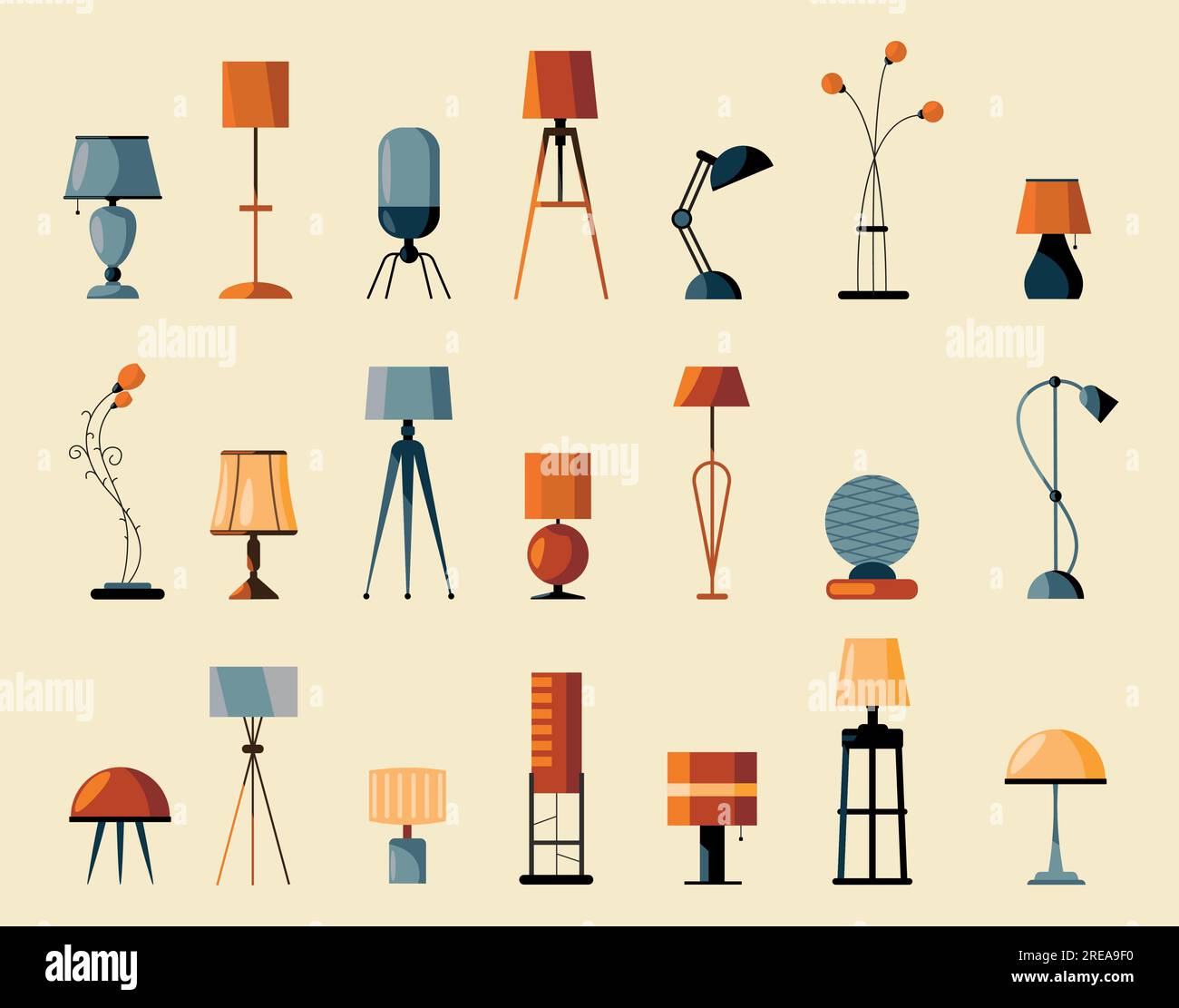Floor and table lamps. Desk and loft electric light with bulb, room illumination equipment cartoon flat style. Vector isolated set Stock Vector