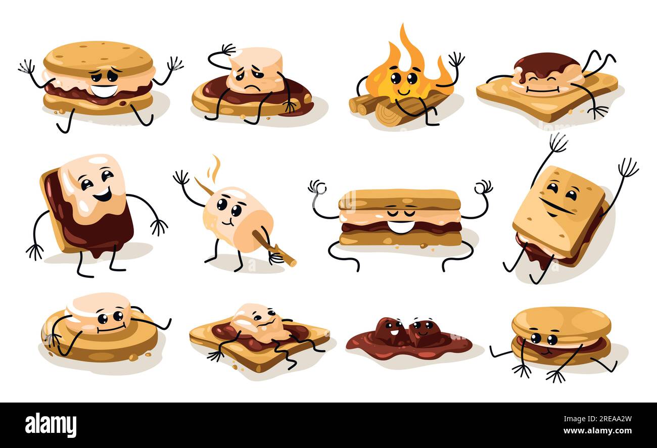 Cartoon smore characters. Cute toasted marshmallow faces with sweet smiles, funny children mascots with roasted sweet snack. Vector isolated set Stock Vector