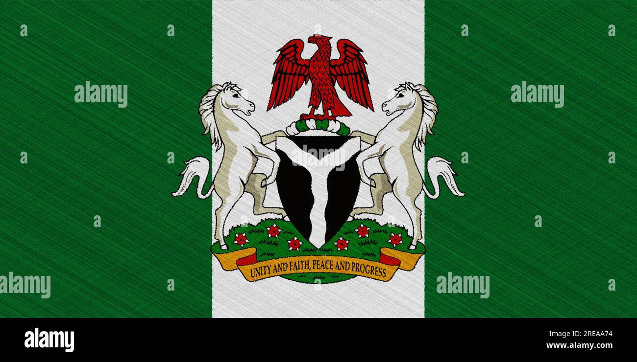 Flag and coat of arms of Federal Republic of Nigeria on a textured