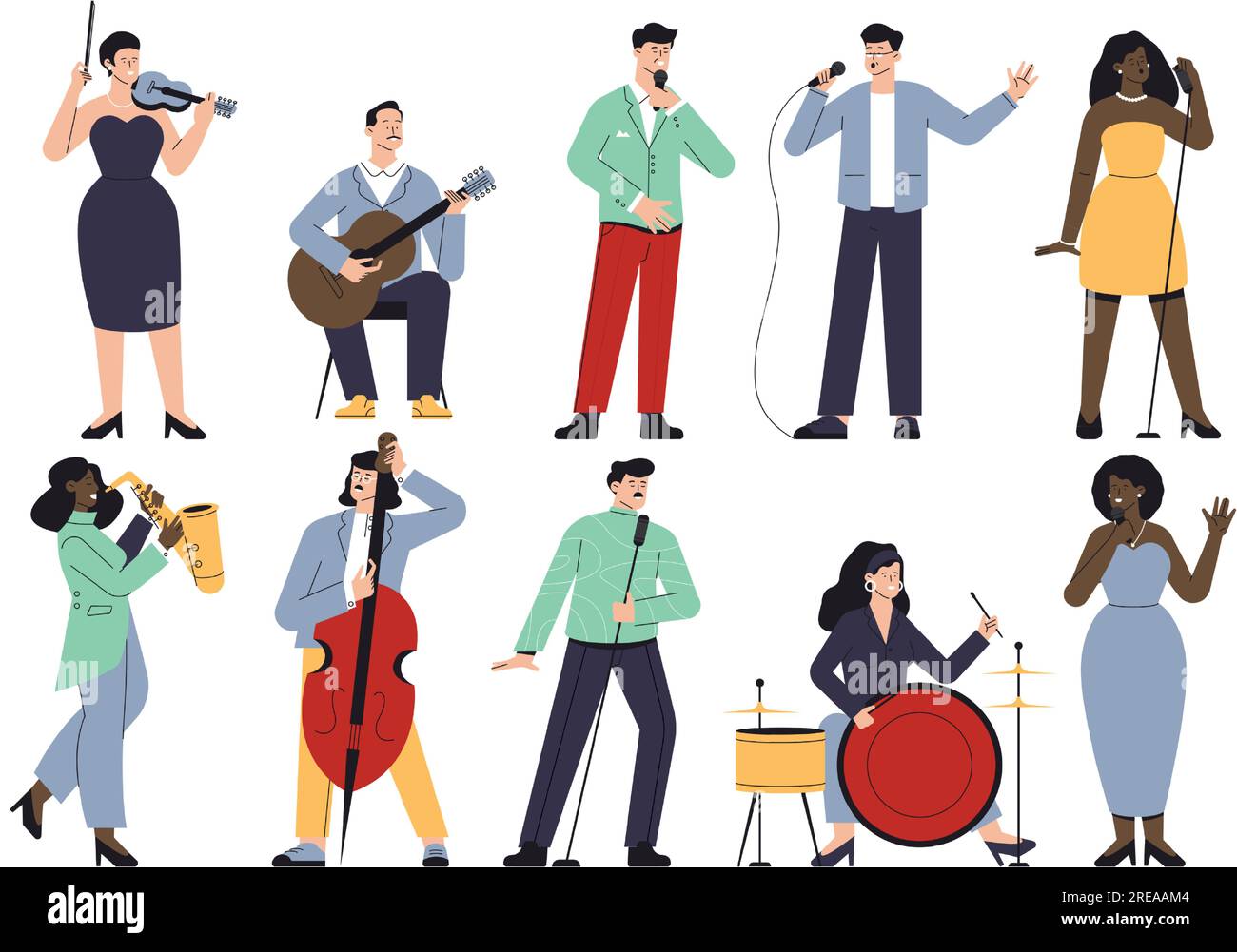 Singers and musicians characters. Cartoon musicians and band members, jazz and rock musicians playing instruments and performing. Vector set Stock Vector