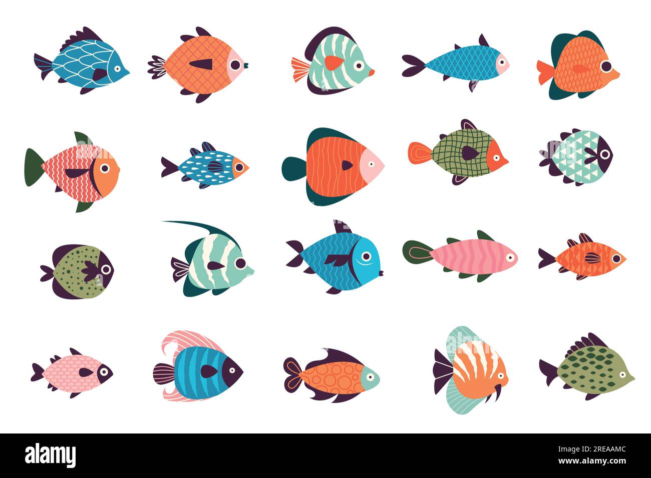 Exotic fish collection. Cartoon marine underwater wildlife, colorful ocean life characters, fish zoo decor and wildlife concept. Vector set Stock Vector
