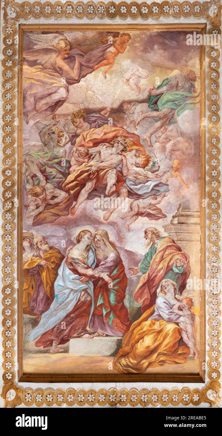 NAPLES, ITALY - APRIL 20, 2023: The fresco of Visitation in church Basilica di Santa Maria degli Angeli a Pizzofalcone by Giovan Battista Beinaschi Stock Photo