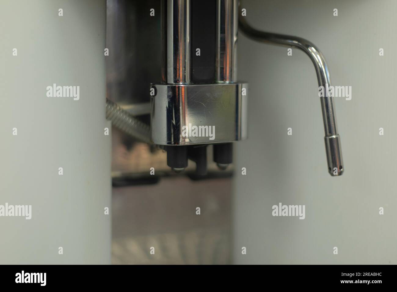 Coffee machine in detail. Coffee serving system. Supply of hot water