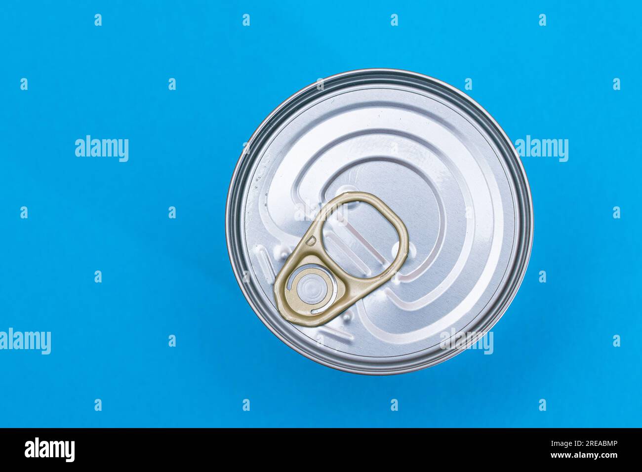 Unopened Tin Can with Blank Edge on Light Blue Background. Canned Food