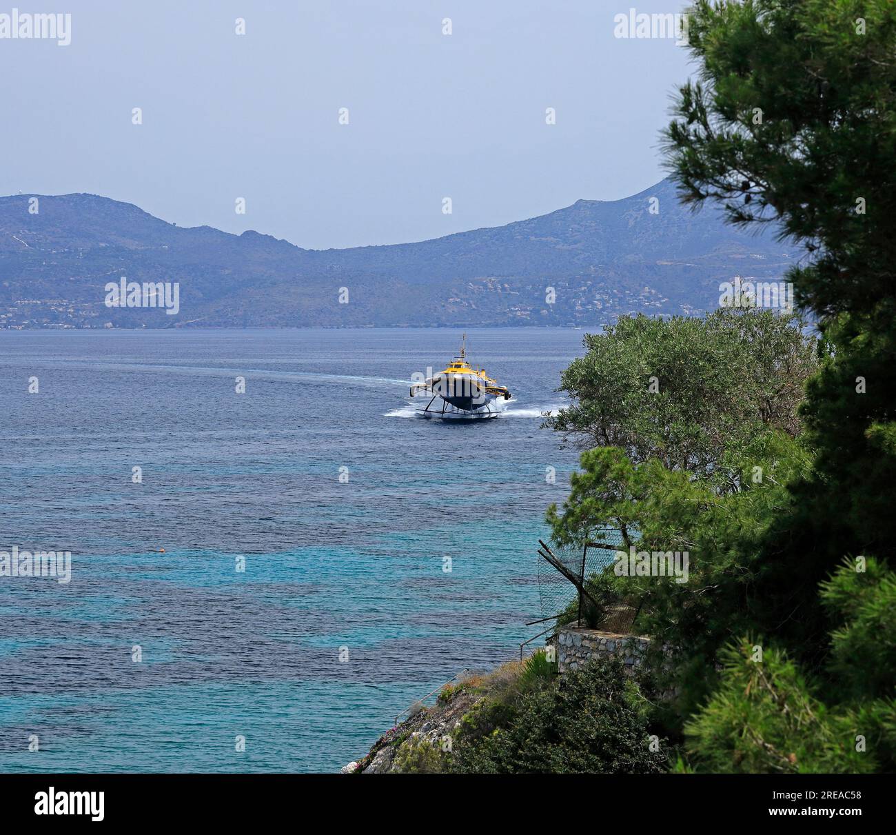 Flying dolphin high speed passenger ferry boat, Agistri island, Saronic island group. Summer 2023 Stock Photo