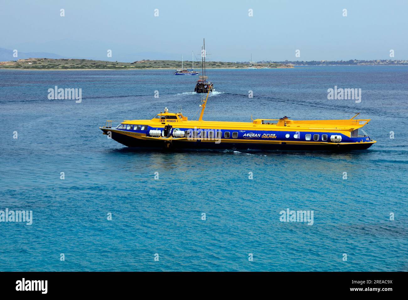 Flying dolphin high speed passenger ferry boat, Agistri island, Saronic island group. Summer 2023 Stock Photo