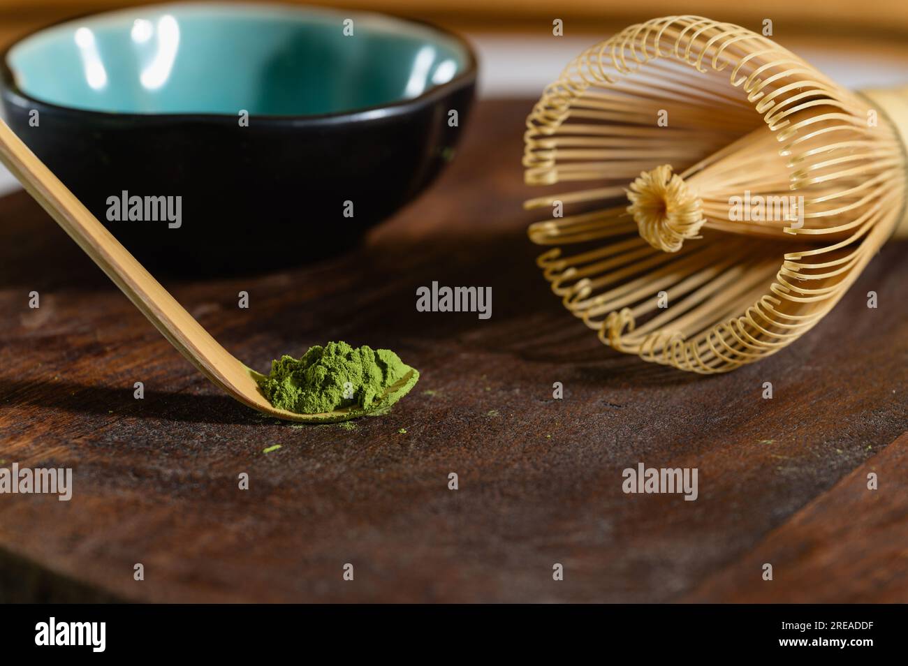 Bamboo matcha spoon for brewing Japanese tea. Matcha tea making. Japanese Matcha tea. Herbal
