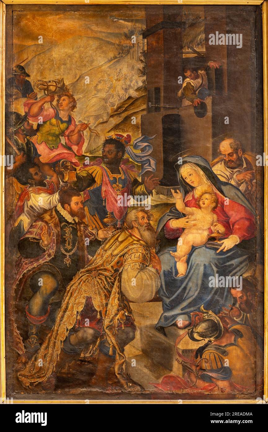 NAPLES, ITALY - APRIL 22, 2023: The painting of Tree Magi in the church Basilica di San Pietro ad Aram by Pompeo Landulfo (1567–1627). Stock Photo