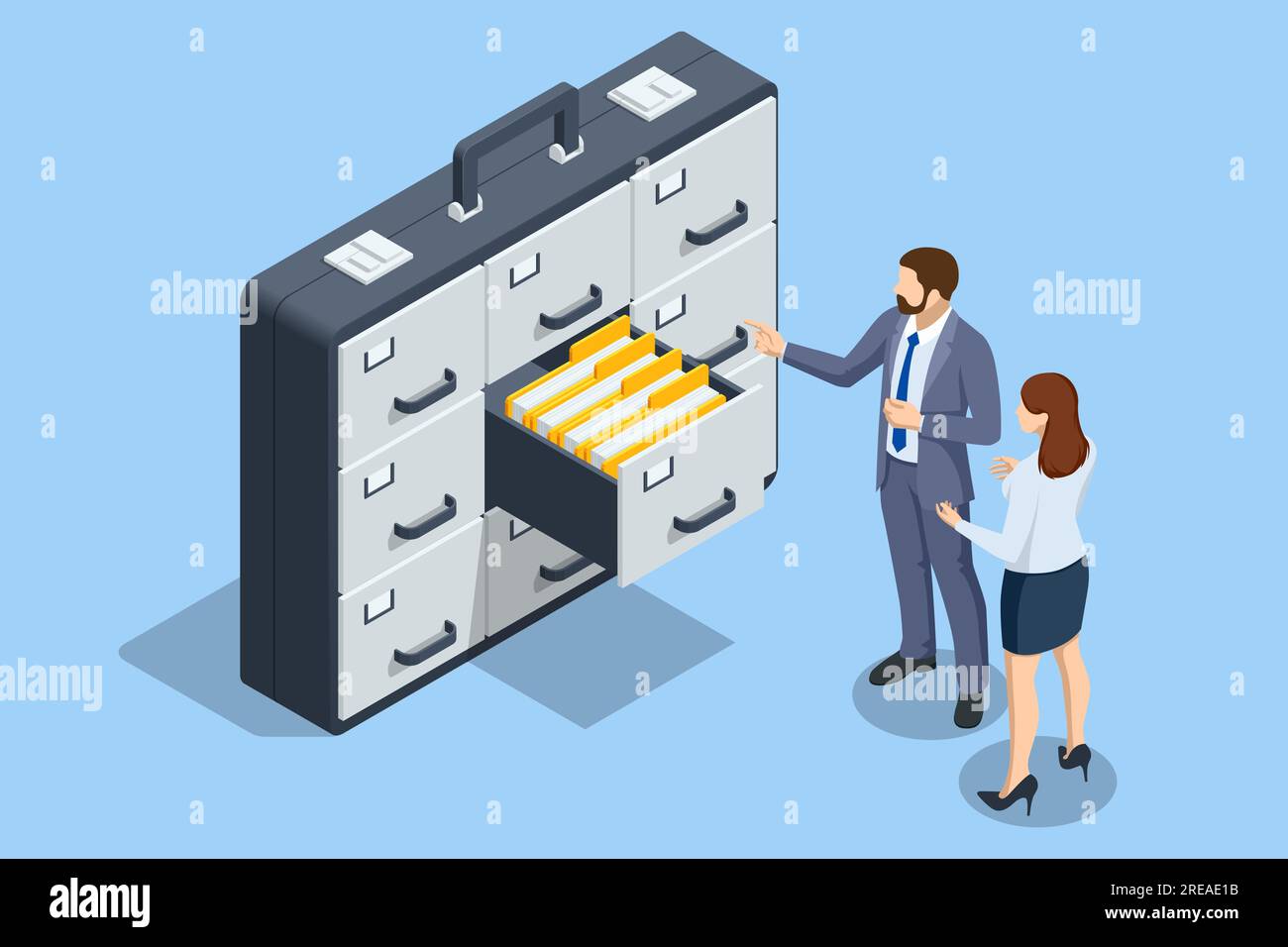 Filing cabinet with four drawer. Isometric file storage, data archive storage business administration Stock Vector