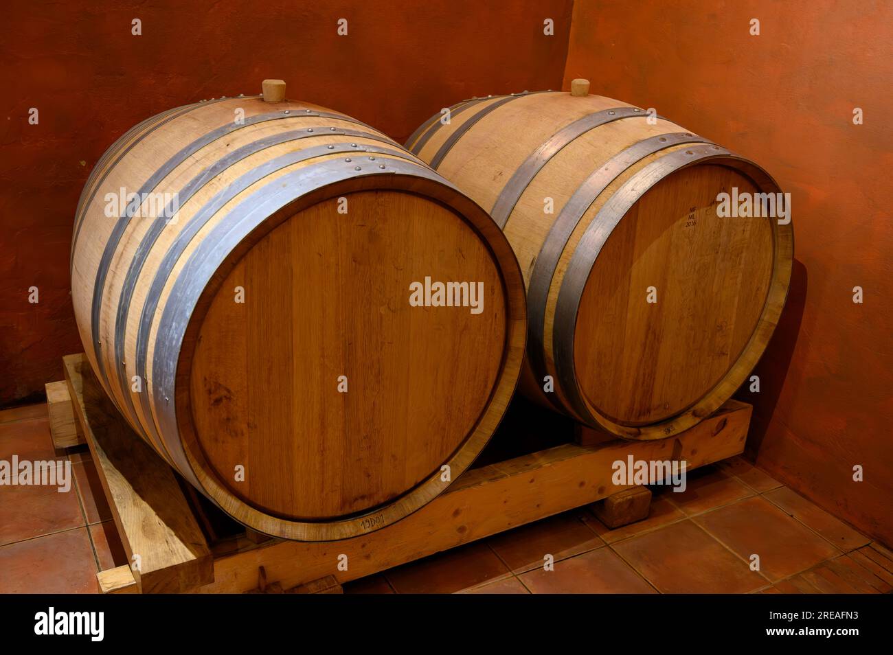 Underground wine cellars with barrels for aging of red dry wine in