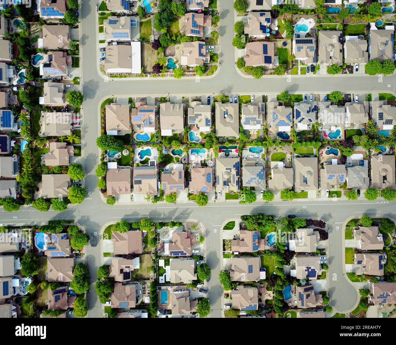 Aerial view of a suburban neighborhood in Northern California Stock Photo