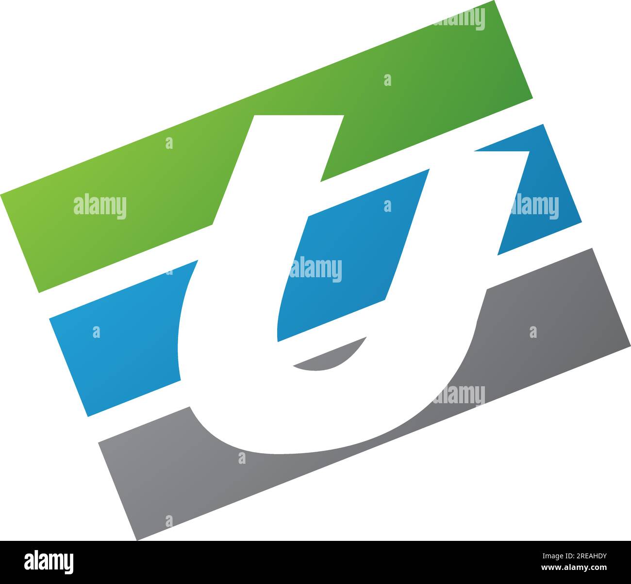 Green and Blue Rectangular Shaped Letter U Icon on a White Background Stock Vector