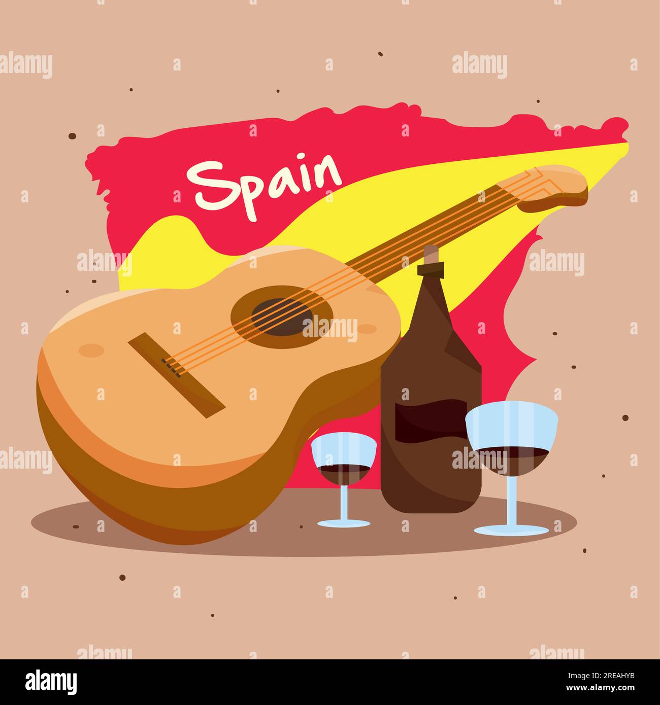 Map of Spain with wine drink and a wooden guitar Spain culture template