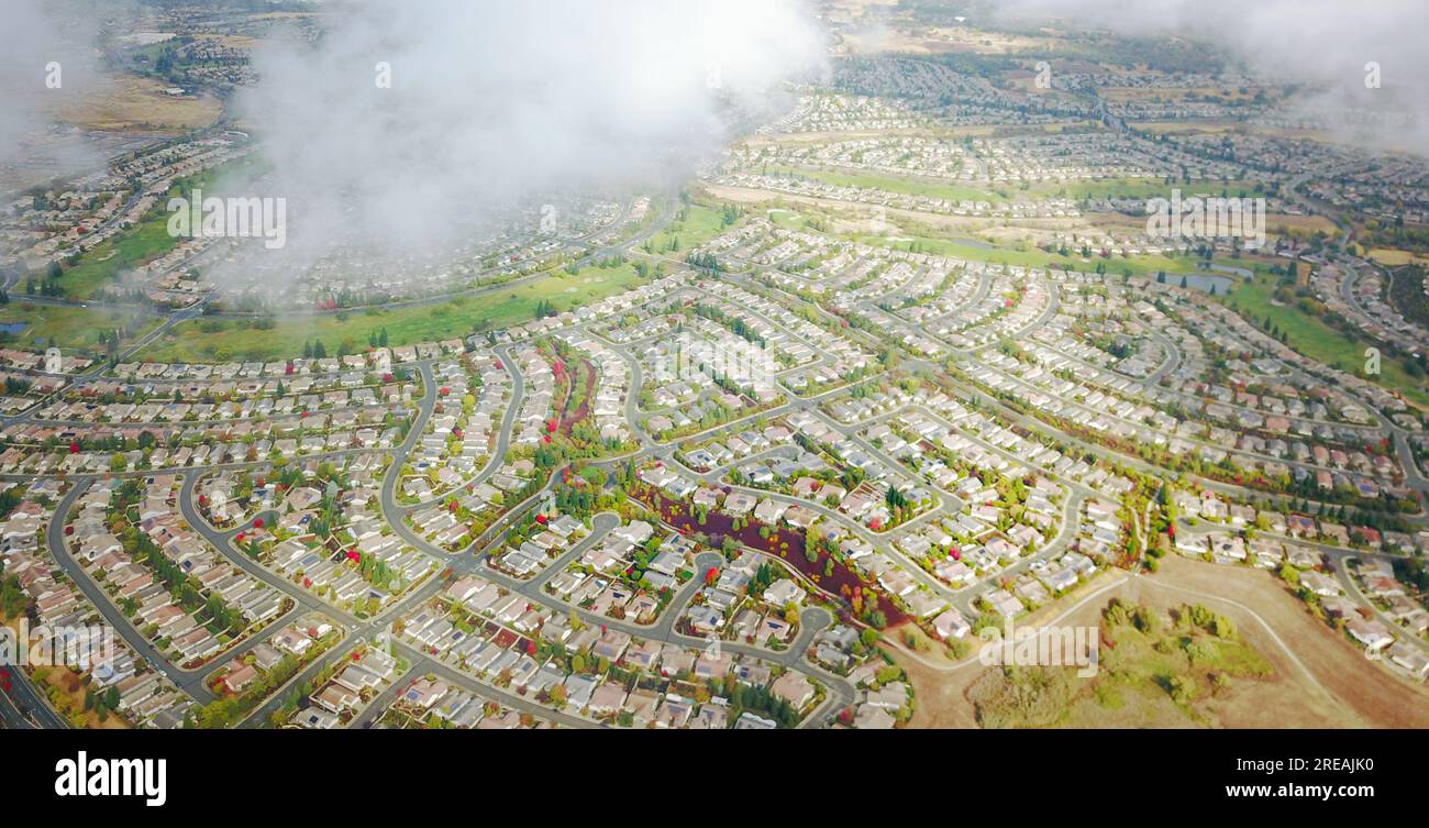 Aerial view of a Suburban Neighborhood in Northern California. Stock Photo
