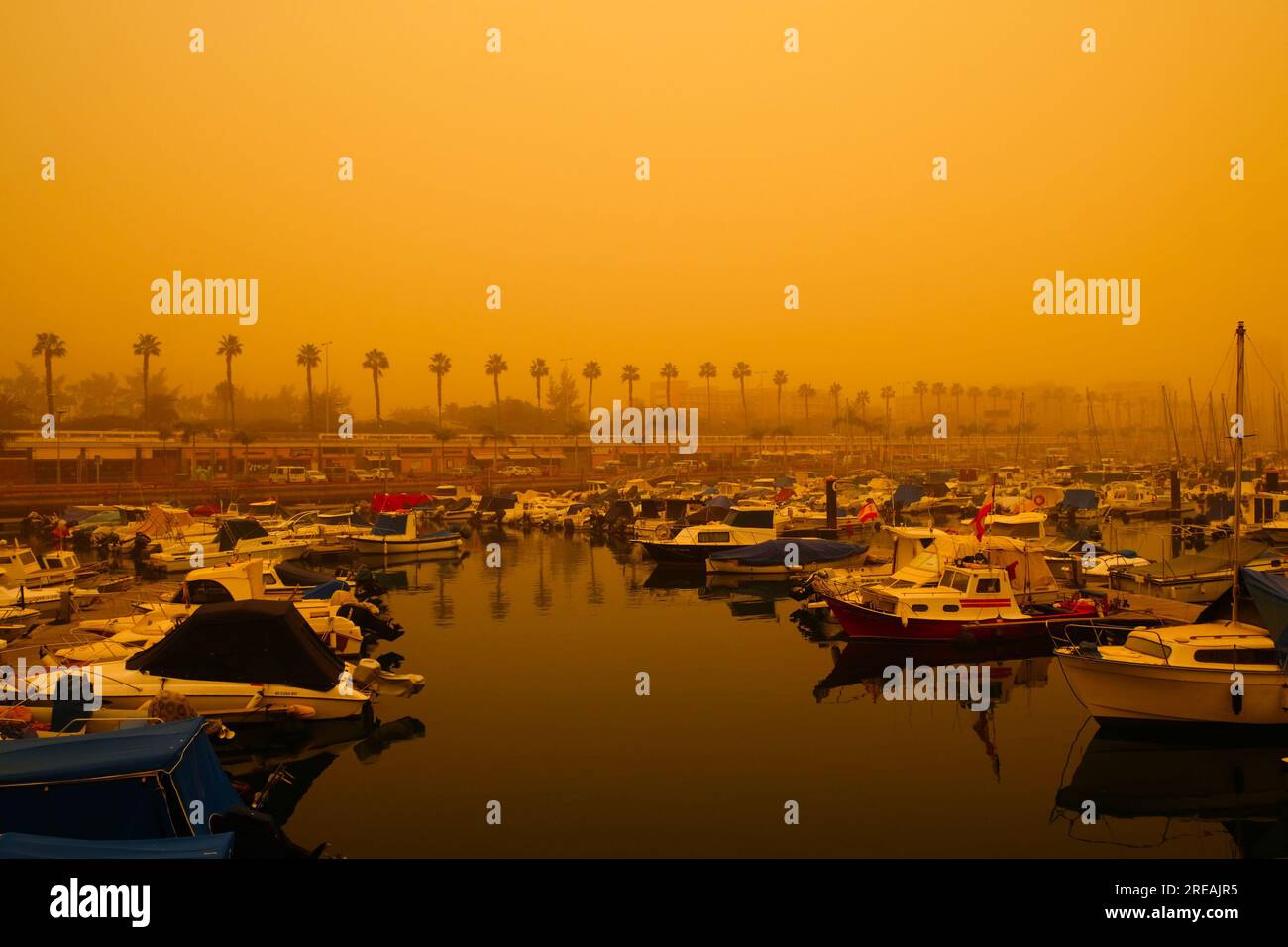 Las Palmas, Gran Canaria, Spain; February 23 2020 - Limited visibility during extreme weather conditions: calima, or calina, (English: desert dust atm Stock Photo