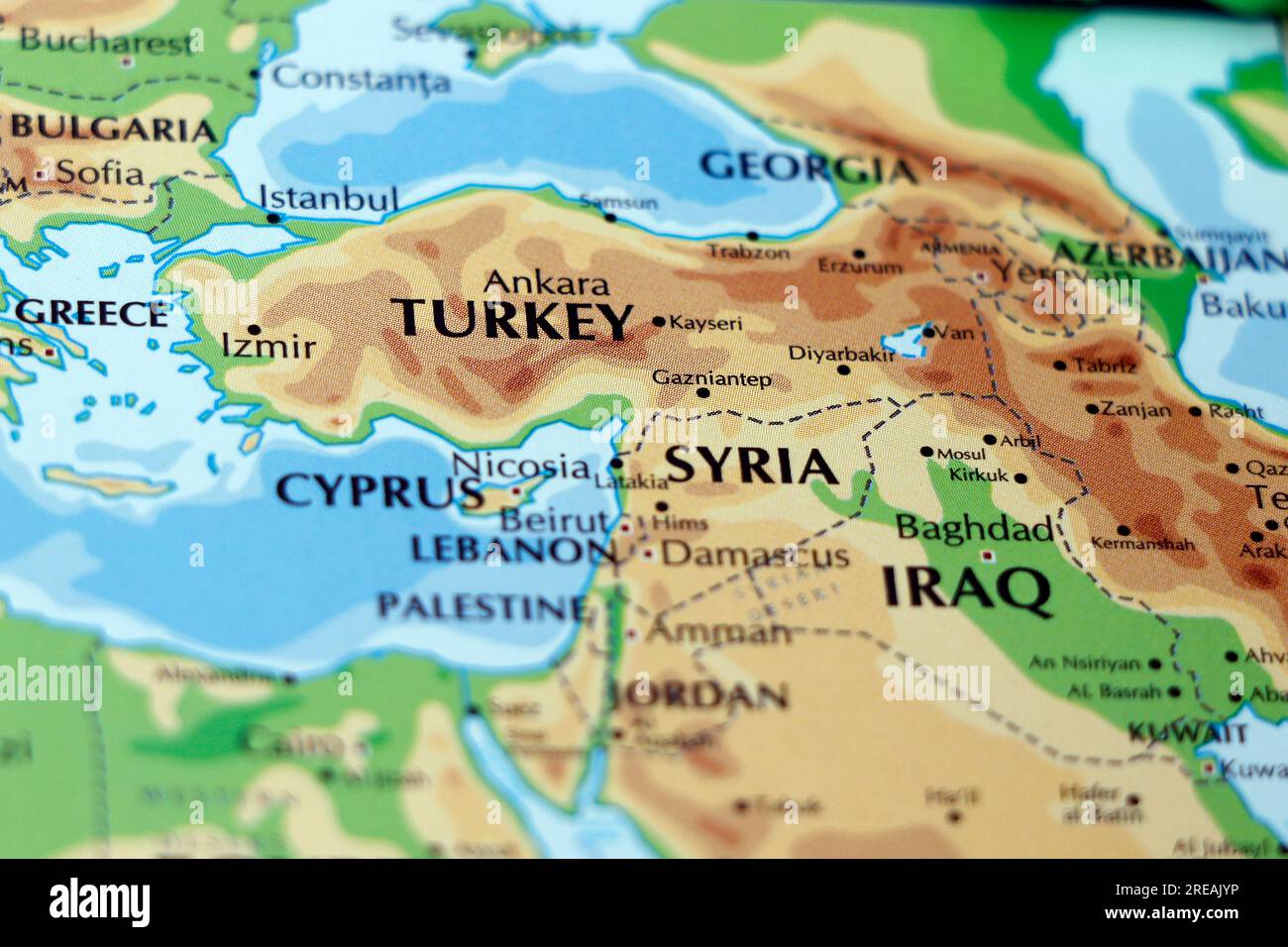 world map of south west asia countries with close up focus in turkey, syria and iraq Stock Photo