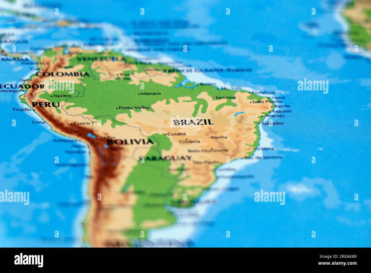 world map of south american countries and brazil, colombia, peru in close up focus Stock Photo