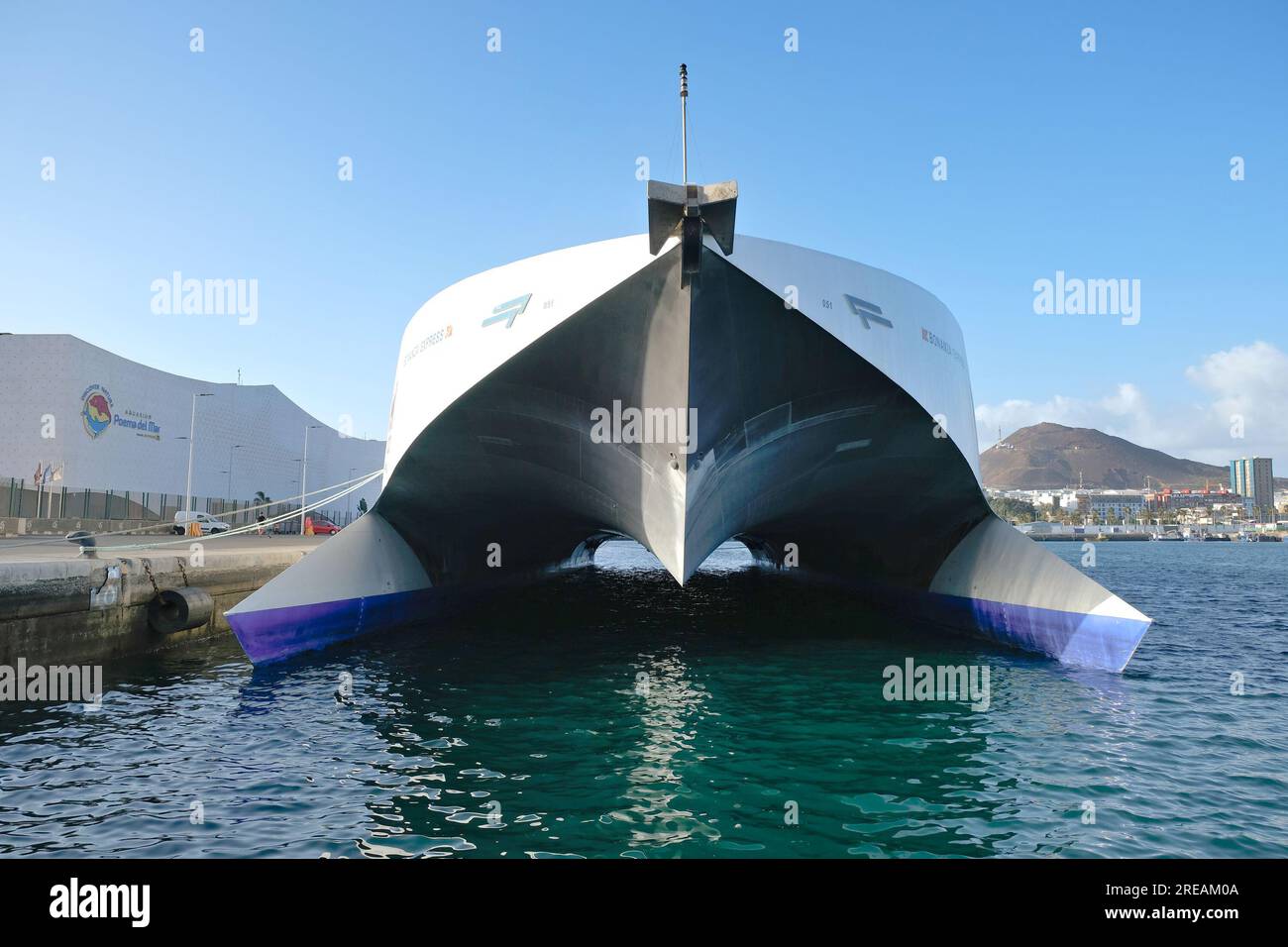 Las Palmas, Canary Islands / Spain - September 11 2020: Fast catamaran ferry Fred Olsen Bonanza Express getting ready to depart from the harbor. Stock Photo