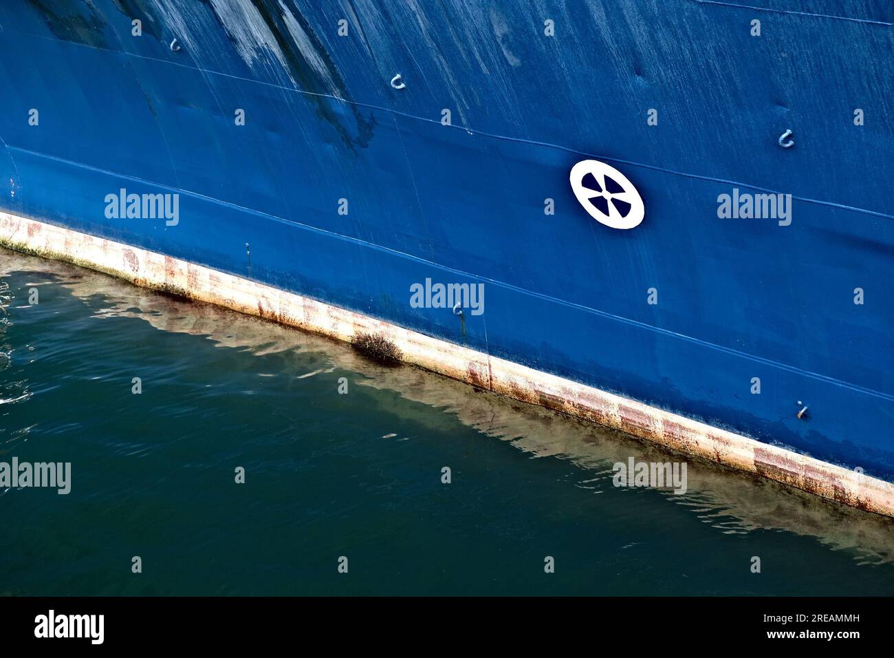 Bow thruster marking sign on a ship bow. Elements of ship construction. Stock Photo