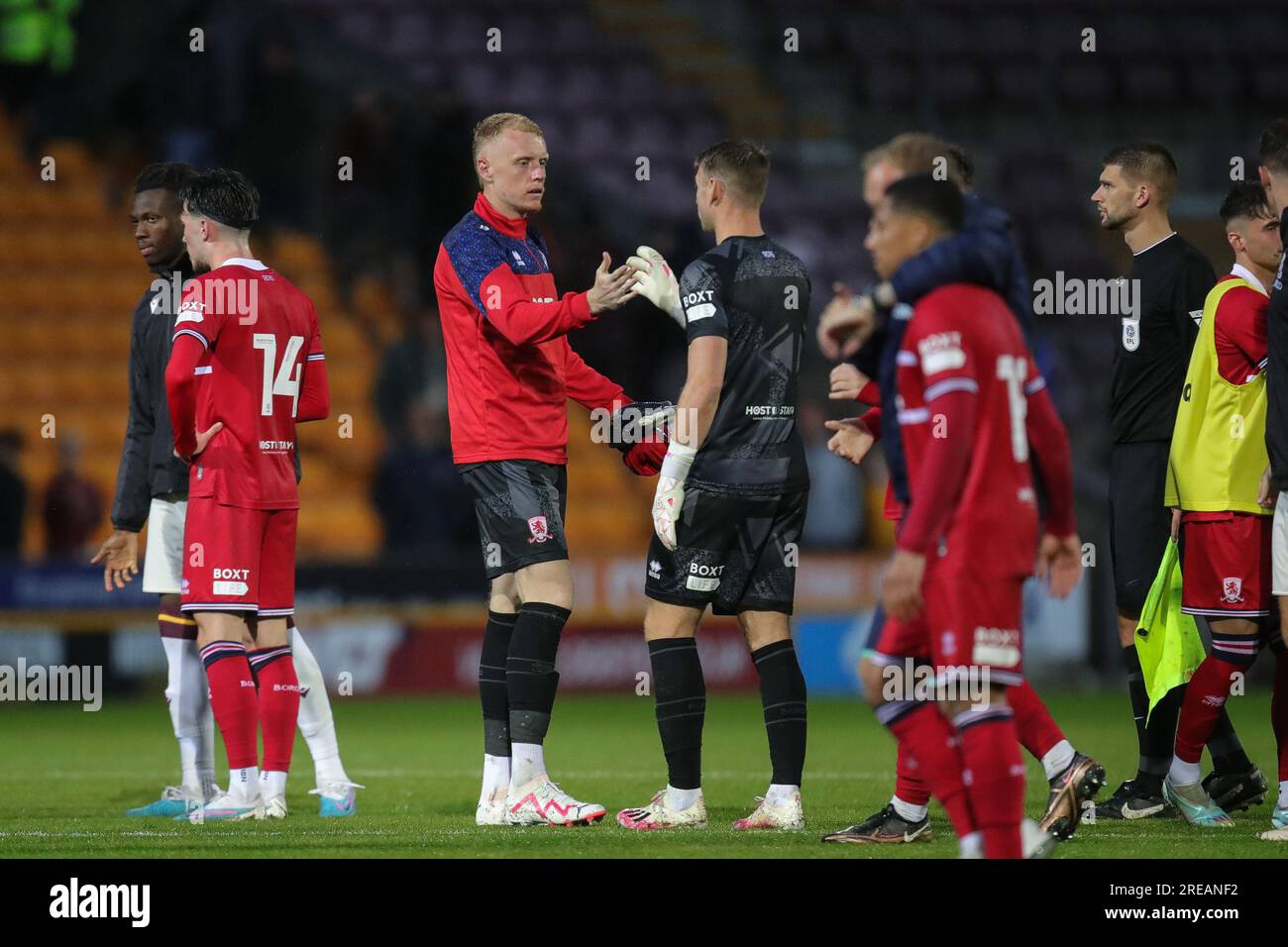 Tom Glover of Middlesbrough shakes hands with Jamie Jones after the Pre-season friendly match Bradford City vs Middlesbrough at University of Bradford Stadium, Bradford, United Kingdom, 26th July 2023  (Photo by James Heaton/News Images) Stock Photo