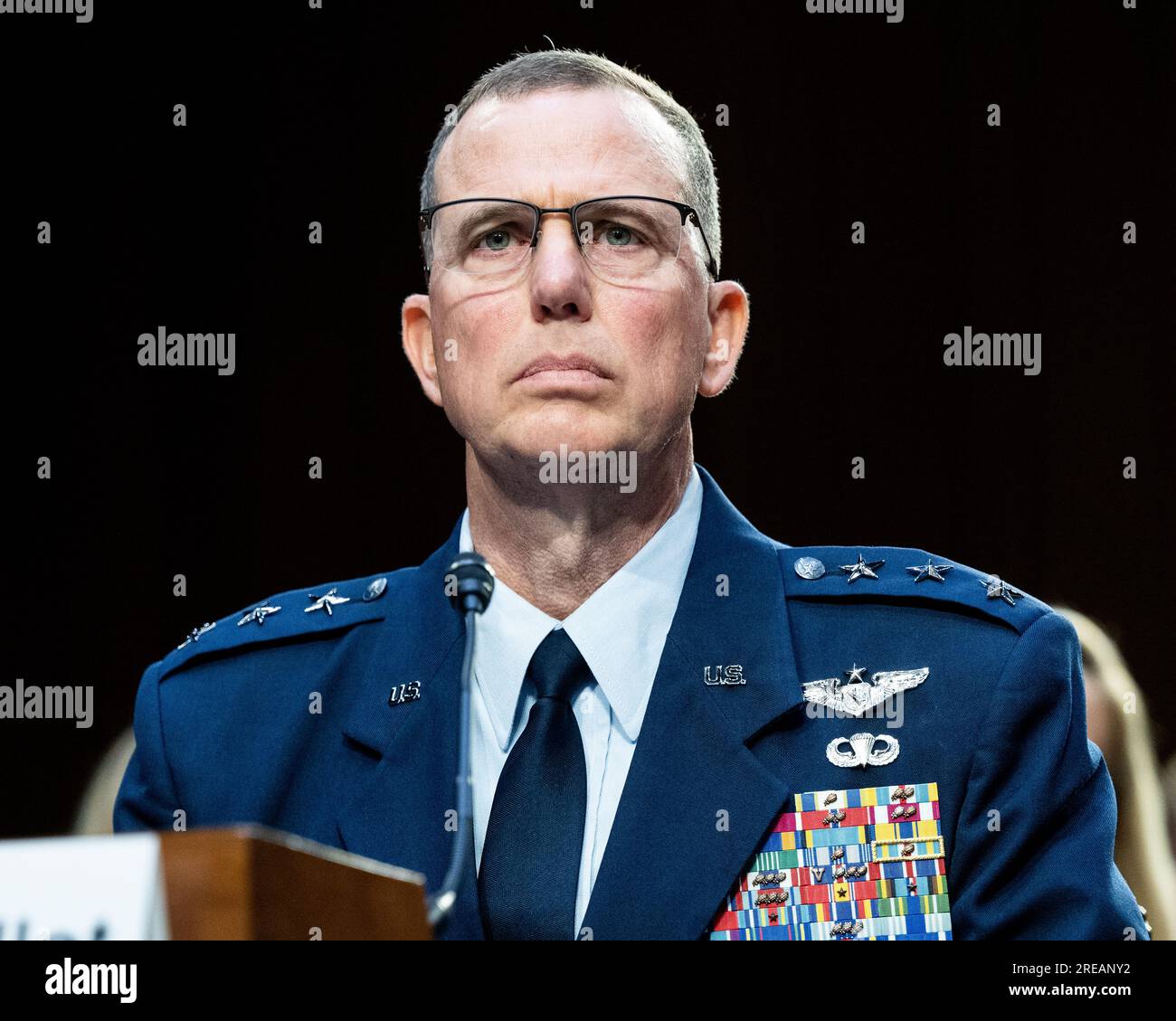 Washington, United States. 26th July, 2023. Lieutenant General Gregory Guillot, USAF, nominee to be general and Commander, United States Northern Command/Commander, North American Aerospace Defense Command, speaking at a Senate Armed Services Committee hearing at the U.S. Capitol. Credit: SOPA Images Limited/Alamy Live News Stock Photo