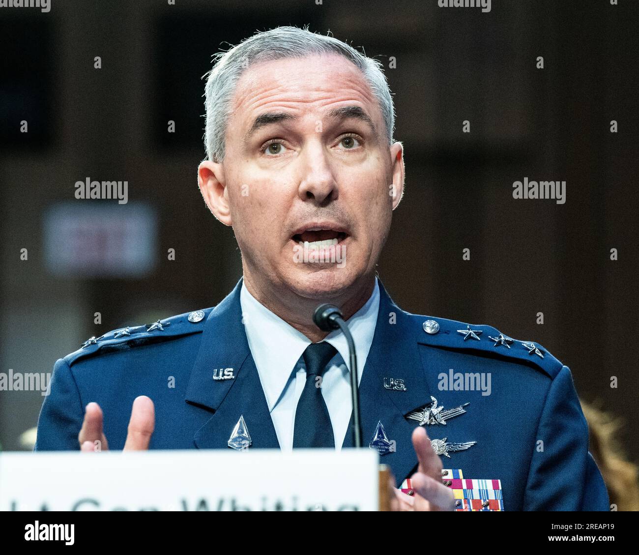 Washington, United States. 26th July, 2023. Lieutenant General Stephen Whiting, USSF, nominee to be general and Commander, United States Space Command, North American Aerospace Defense Command, speaking at a Senate Armed Services Committee hearing at the U.S. Capitol. Credit: SOPA Images Limited/Alamy Live News Stock Photo