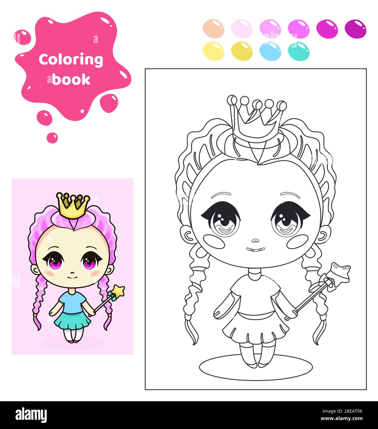 Coloring book for kids. Anime girl with crown. Stock Vector