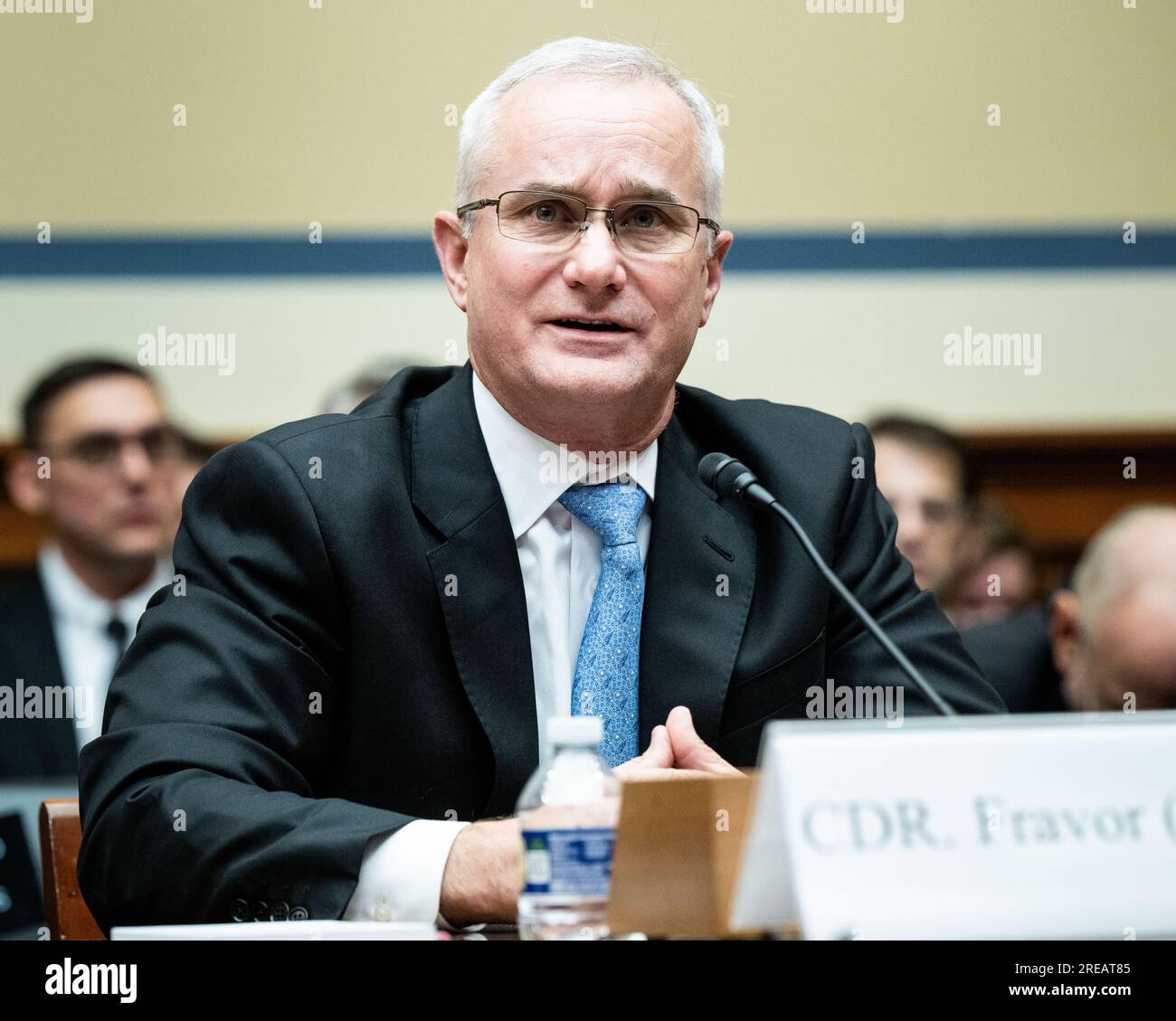 Washington, United States. 26th July, 2023. Commander David Fravor (Ret.), Former Commanding Officer, United States Navy, speaking at a hearing of the House Committee on Oversight and Accountability's Subcommittee on National Security, the Border, and Foreign Affairs at the U.S. Capitol. Credit: SOPA Images Limited/Alamy Live News Stock Photo