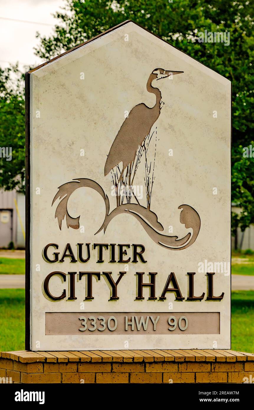 The Gautier City Hall sign features a heron, May 11, 2023, in Gautier, Mississippi Stock Photo