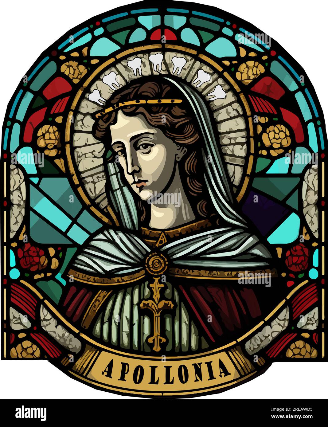 Vector of Saint Apollonia with teeth detail, stained glass window Stock