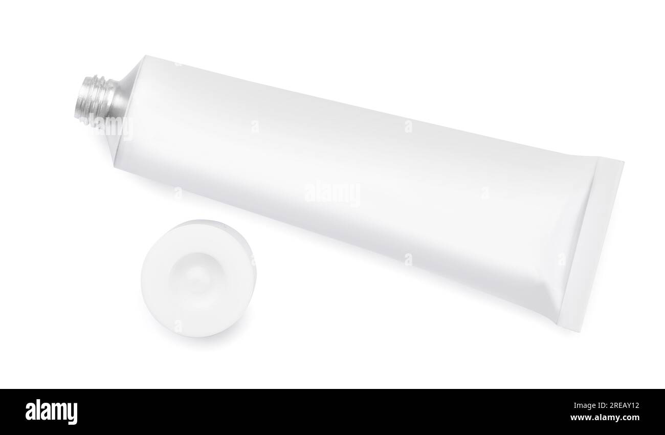 Open tube of ointment isolated on white, top view. Space for text Stock