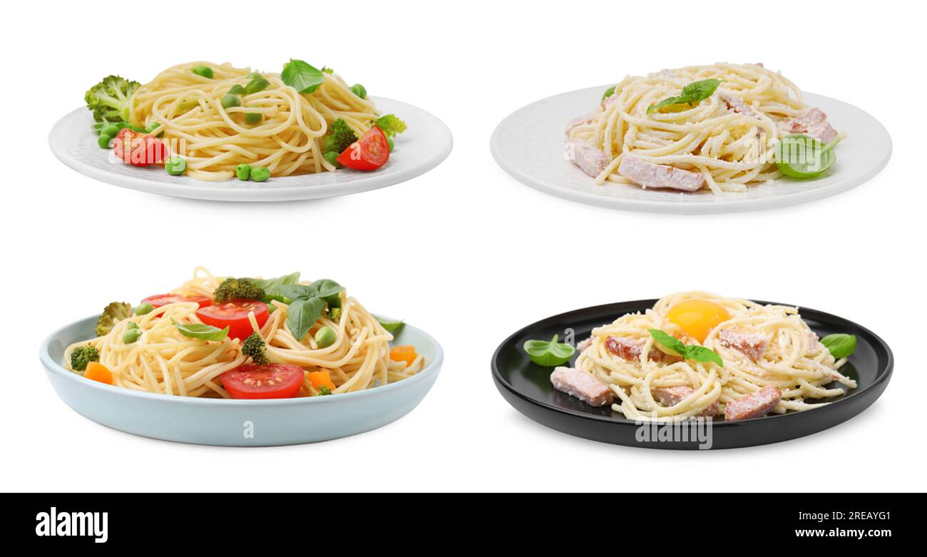 Set of different pasta dishes isolated on white Stock Photo