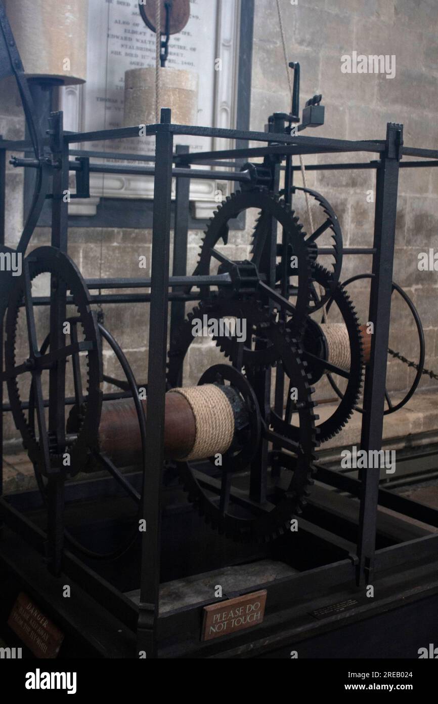 The medieval clock - one of the world's oldest clocks in Salisbury Cathedral, Wiltshire, England UK Stock Photo