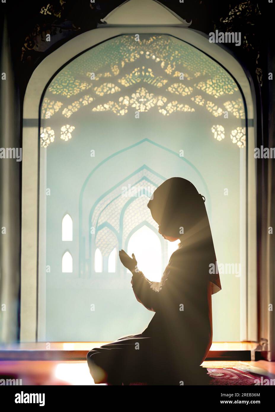 Muslim Islam kid child girl praying with mosque in background. Concept