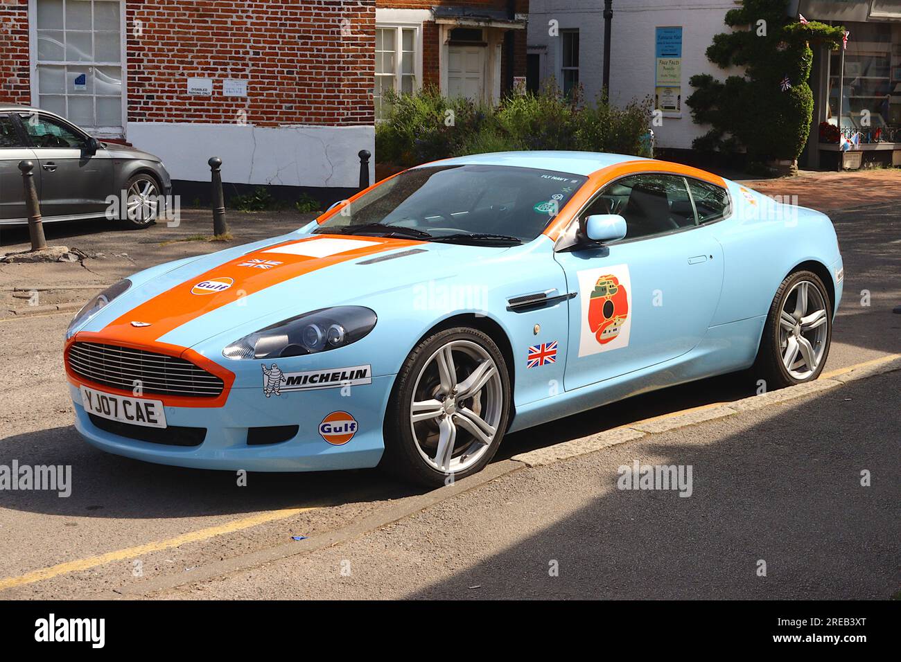 A 2007 Aston Martin DB9, originally painted black, now finished in Gulf Oils racing livery reflecting the marque’s Le Mans sporting participation. Stock Photo