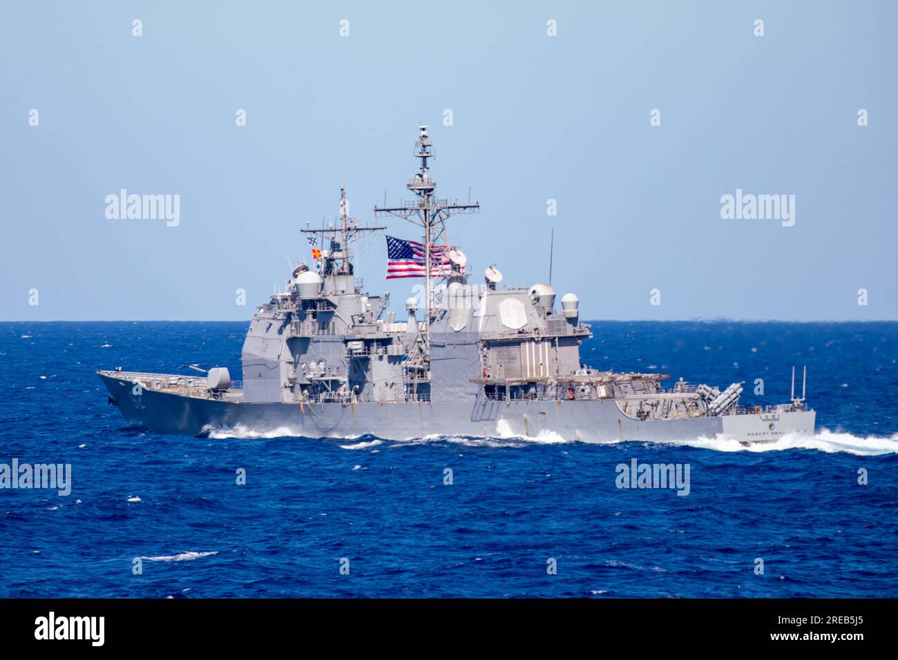 230722-N-KW492-2515 INDIAN OCEAN (July 22, 2023) The Ticonderoga-class guided-missile cruiser USS Robert Smalls (CG 62) in the Indian Ocean during Talisman Sabre, July 22, 2023. Talisman Sabre is the largest bilateral military exercise between Australia and the United States, advancing a free and open Indo-Pacific by strengthening relationships and interoperability among key allies and enhancing our collective capabilities to respond to a wide array of potential security concerns. (U.S. Navy photo by Mass Communication Specialist 1st Class Ryre Arciaga) Stock Photo