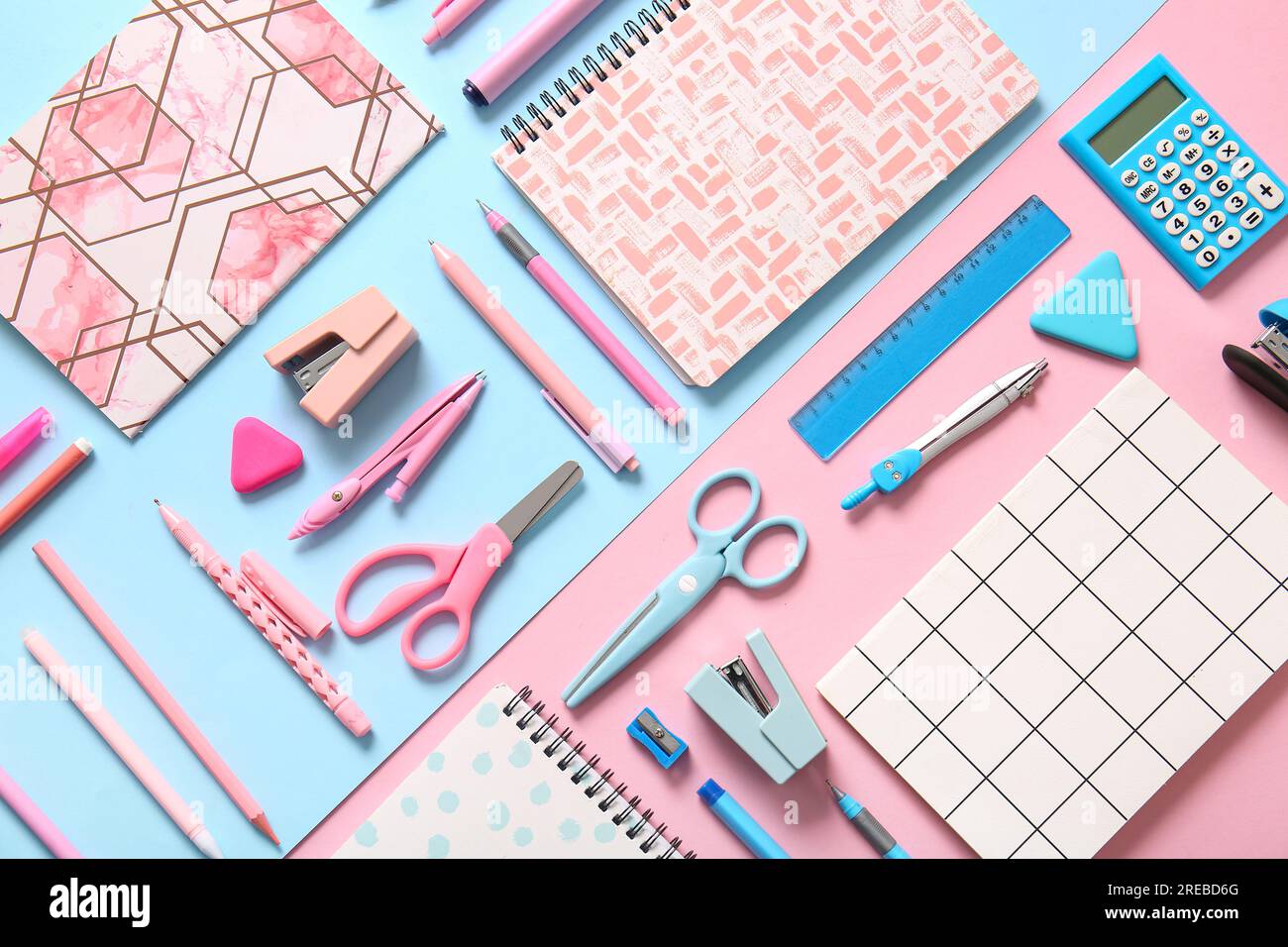 Different school stationery and notebooks on colorful background Stock ...