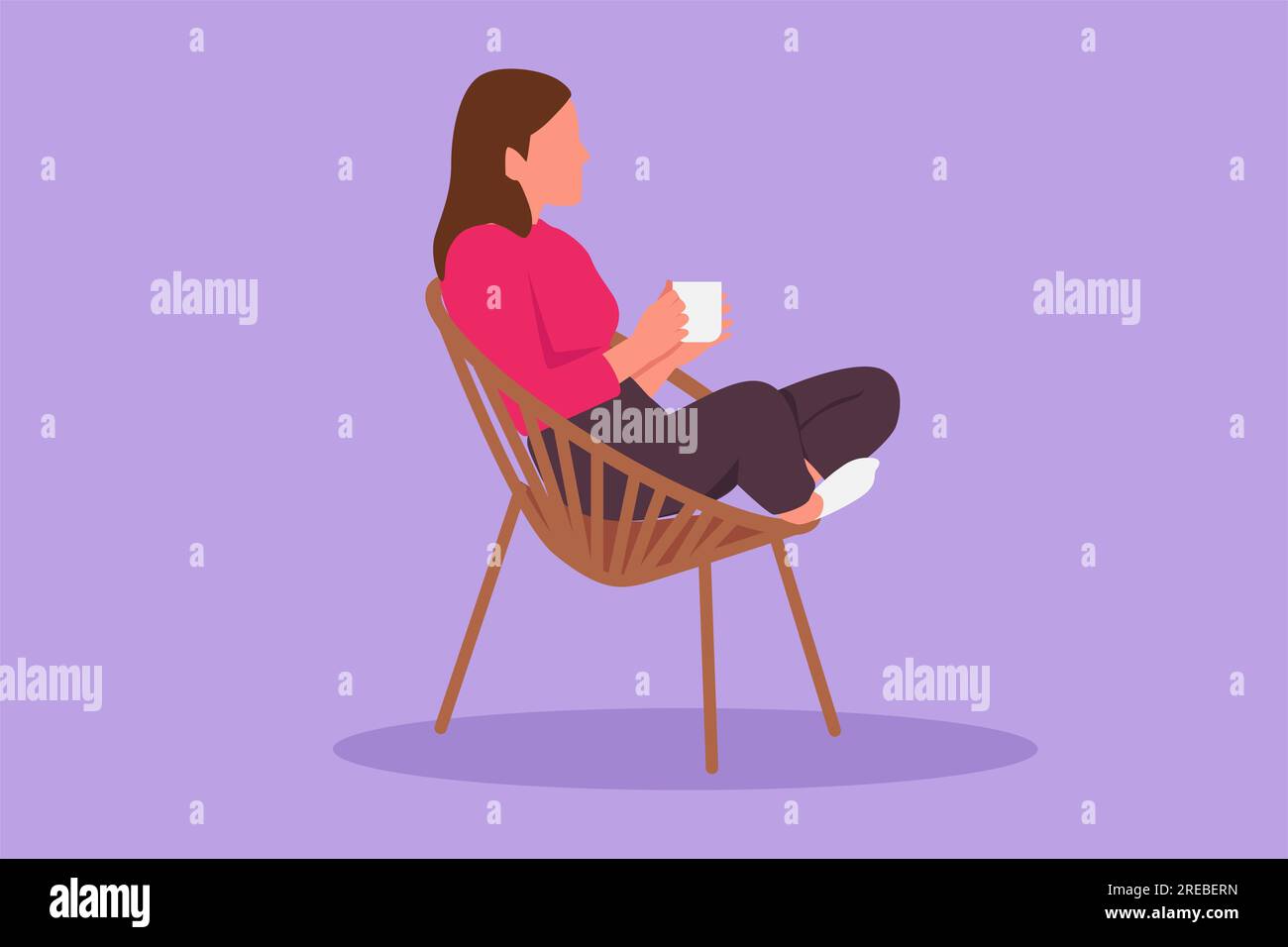 Cartoon flat style drawing side view of relaxed beauty woman sitting in lounge chair, enjoying free time with hot coffee. Tea time or take break after Stock Photo