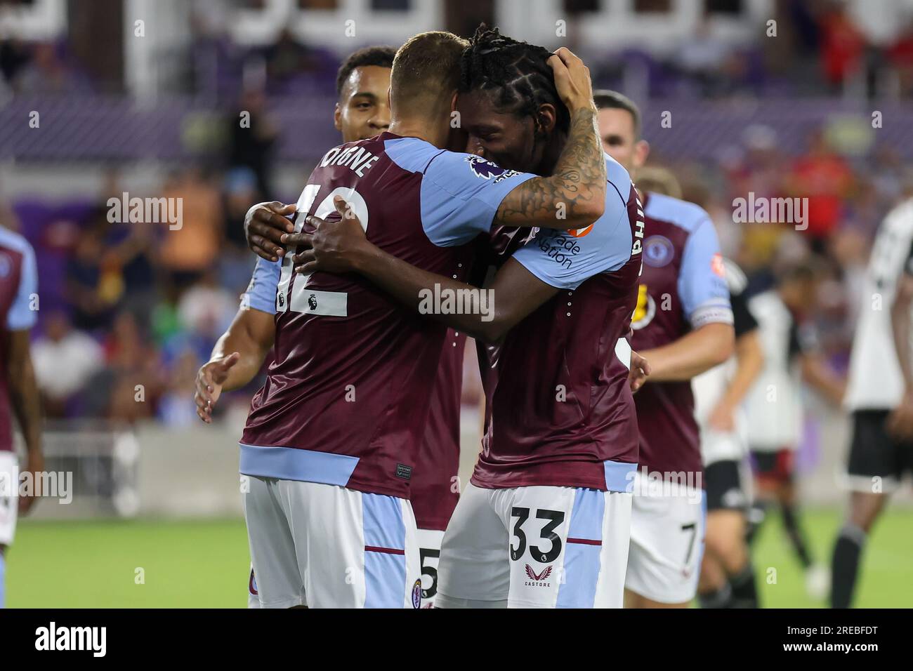 Orlando, Florida, USA. 26th July, 2023. Aston Villa midfielder JADEN PHILOGENE (33) and Aston Villa defender LUCAS DIGNE (12) hug after a goal is scored during the Premier League Summer Series Fulham vs Aston Villa match at Exploria Stadium in Orlando, Fl on July 26, 2023. (Credit Image: © Cory Knowlton/ZUMA Press Wire) EDITORIAL USAGE ONLY! Not for Commercial USAGE! Stock Photo