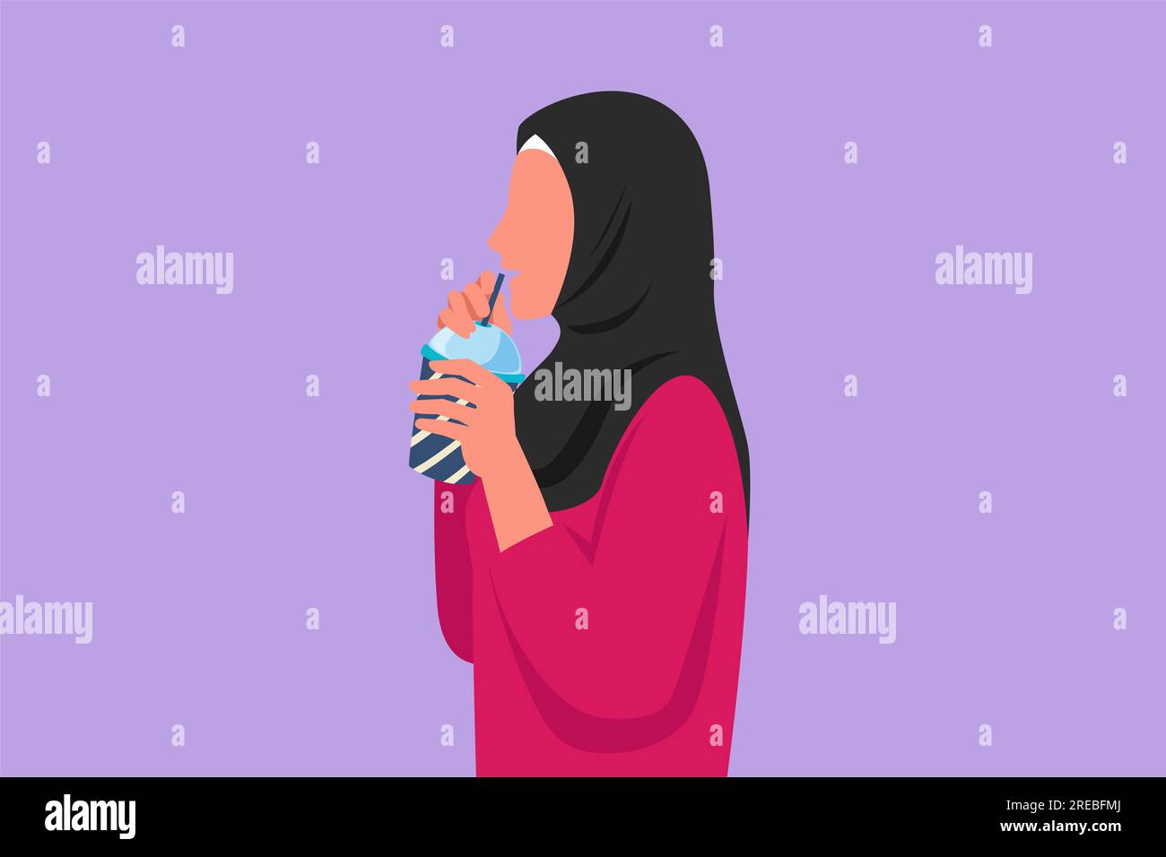 Graphic flat design drawing side view of Arab woman using straw and