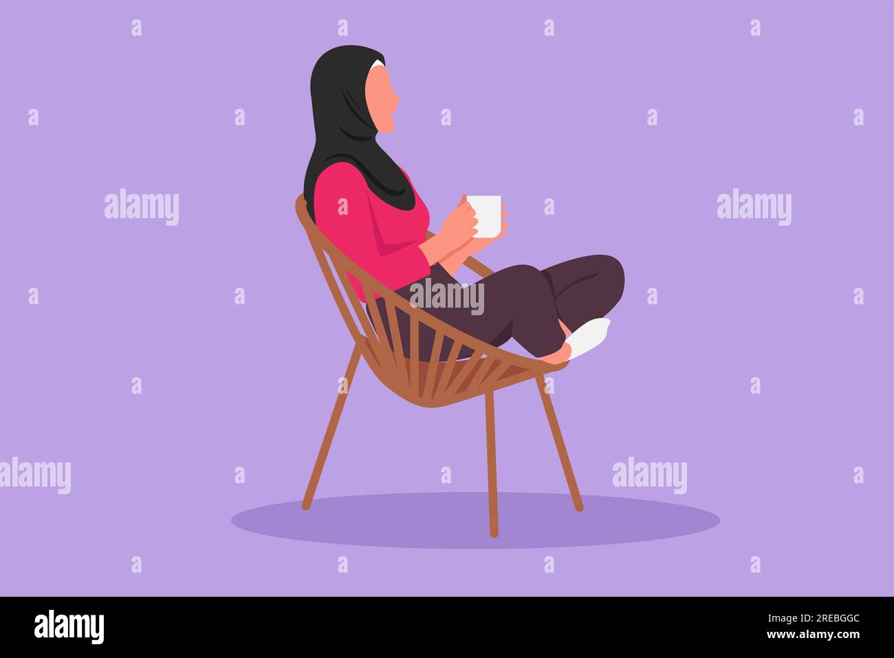 Graphic flat design drawing side view of relaxed Arabian woman sitting in lounge chair, enjoying free time with hot coffee. Tea time or take break aft Stock Photo