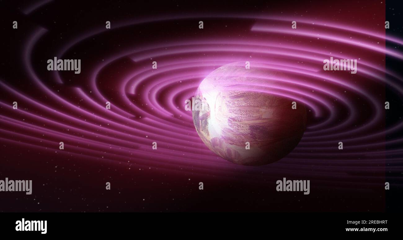 Abstract purple space planet with a round asteroid belt ring futuristic ...